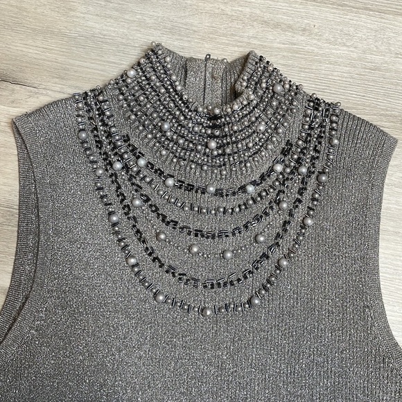 Grace Elements Silver Sparkle Silk Knit Blouse Beaded Trim Size Medium - Picture 3 of 6